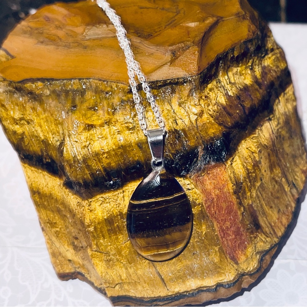 New 925 Sterling Silver Brown Black Tigers Eye Stone Water Drop Necklace - Picture 6 of 14